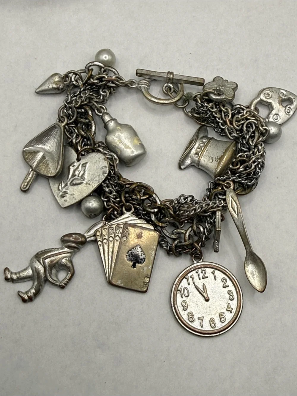 Alice & Wonderland Silver tone Charm Bracelet rabbit Playing Cards Charms as is